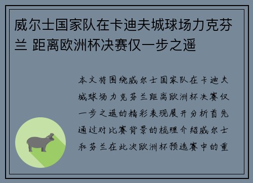 威尔士国家队在卡迪夫城球场力克芬兰 距离欧洲杯决赛仅一步之遥